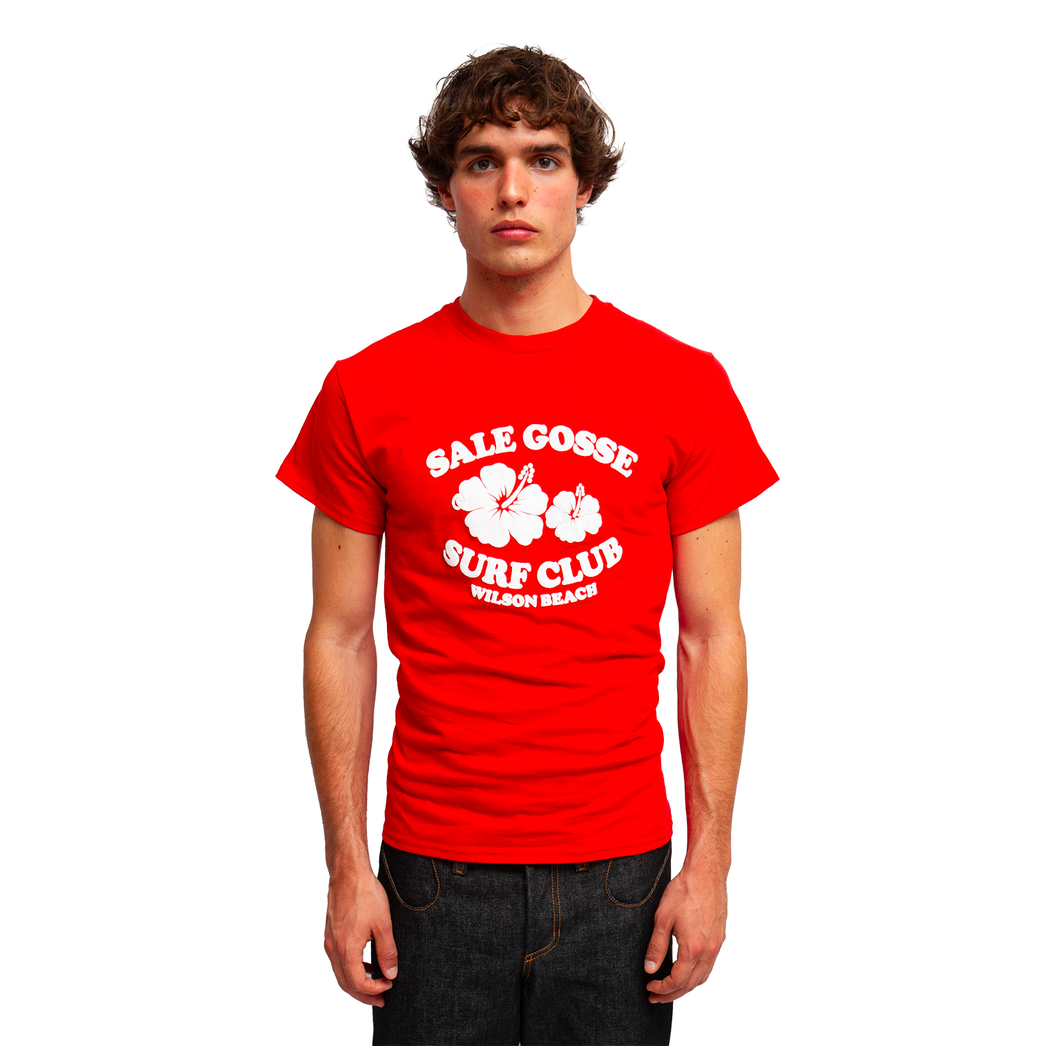 T-shirt rouge Sale Gosse Surf Club Wilson Beach en coton bio, sérigraphié en France, inspiré des Beach Boys et du surf vintage et du rock psychédélique 