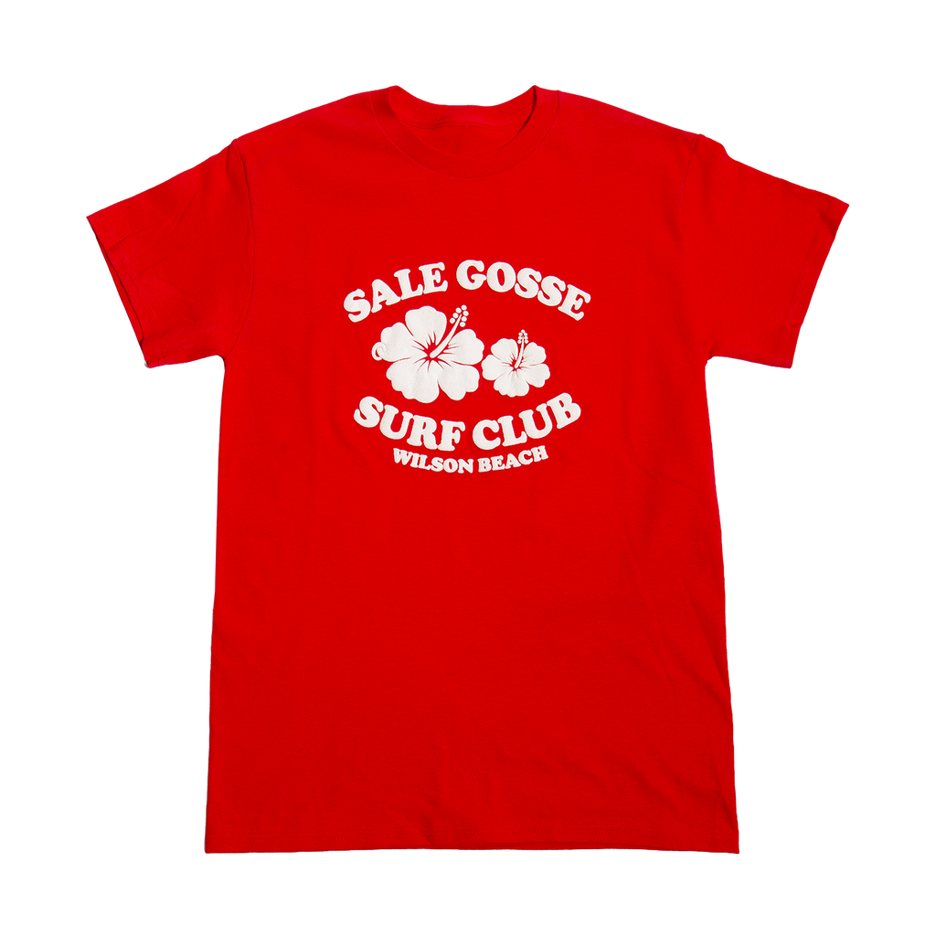 T-shirt rouge Sale Gosse Surf Club Wilson Beach en coton bio, sérigraphié en France, inspiré des Beach Boys et du surf vintage et du rock psychédélique 