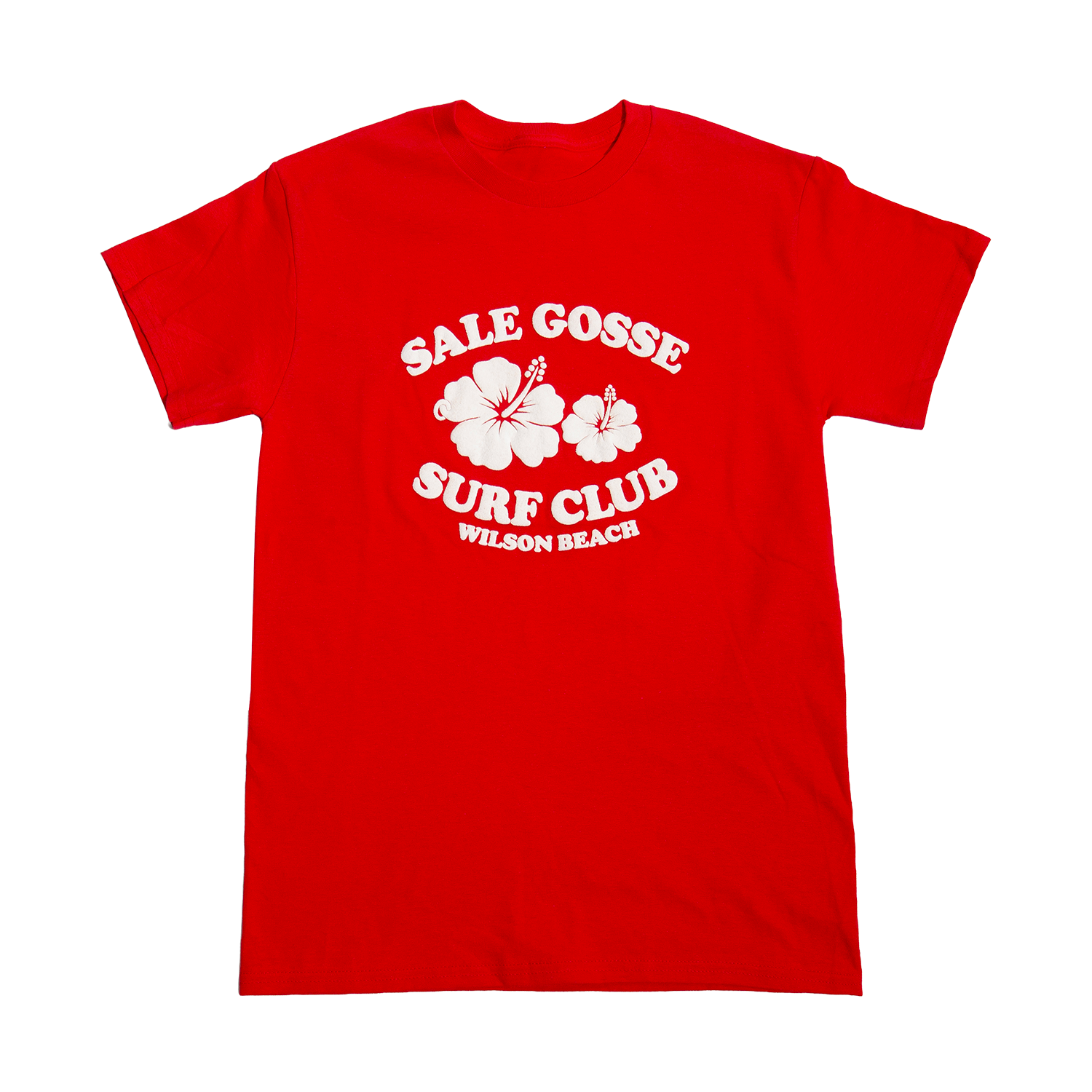 T-shirt rouge Sale Gosse Surf Club Wilson Beach en coton bio, sérigraphié en France, inspiré des Beach Boys et du surf vintage et du rock psychédélique 